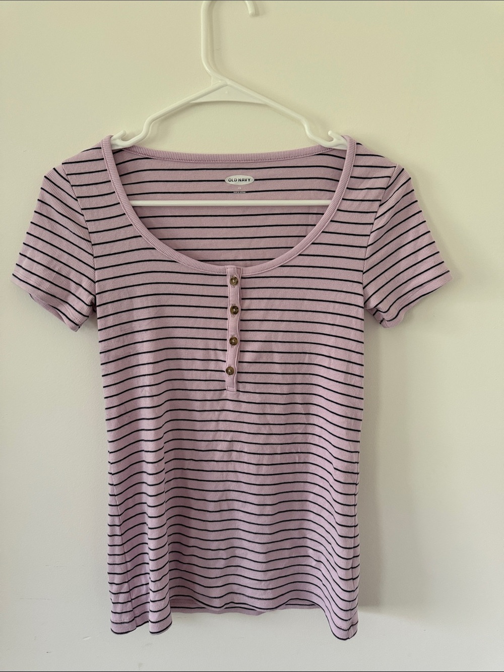 Old Navy Women’s Lilac and Black Striped Henley Tee